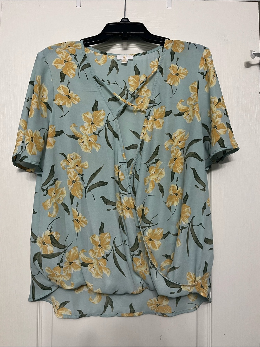 C Light Blue Floral Wrapover Blouse with Yellow Flowers